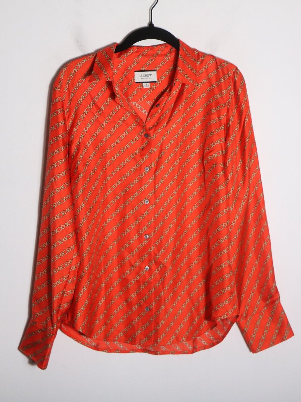 J Crew Collection Silk Twill Button Down Shirt Red Chains Womens 8 Preppy Work